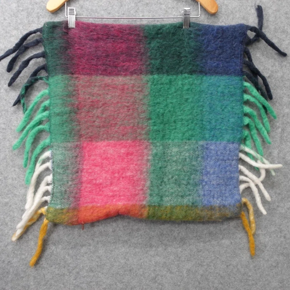 Boho Plaid‎ Throw Wool Pillow Cover Green Block Check Brush Fringe OUI 20 Square